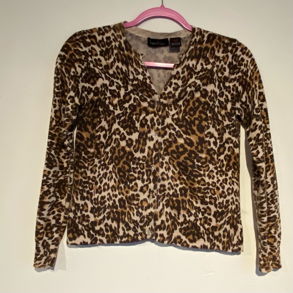 Size 14 leopard print cardigan sweater with glass buttons.